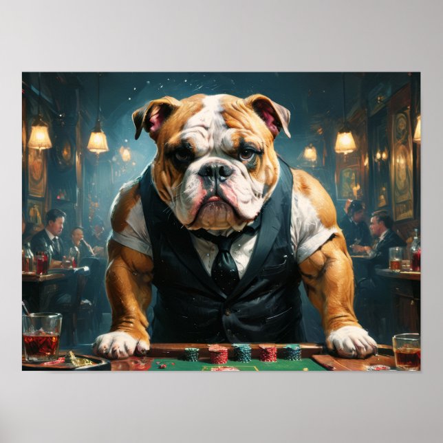 Poster Um buldogue inglês como um croupier num cassino - (Frente)