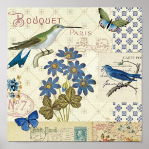 Póster Um buquê de flores, de pássaros e de borboletas