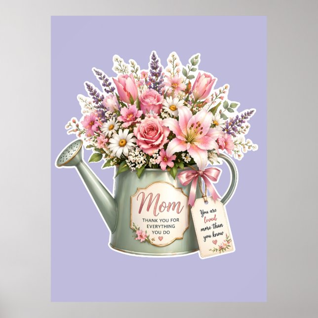 Poster Um buquê de flores em um regador para a mamãe (Frente)