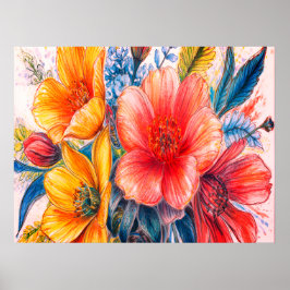 Poster Um Buquê de Lindas Flores em Flor numa Parede