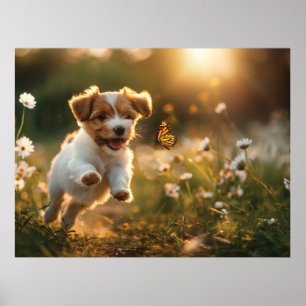 Poster Um cachorrinho bonito perseguindo uma borboleta