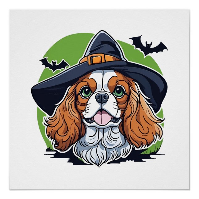 Póster Um cachorro usando um chapéu de bruxa com morcegos (Frente)
