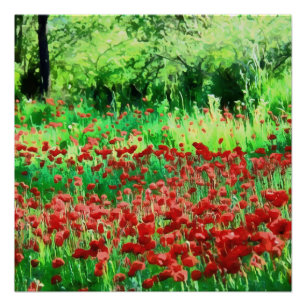 Póster Um Campo De Arte Paisagística De Flores Vermelhas
