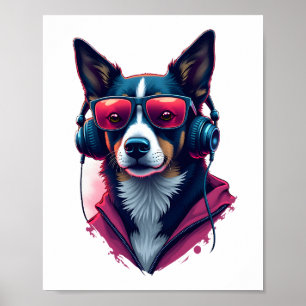 Poster Um cão Habu usando óculos de sol e fones de ouvido