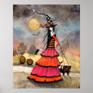 Póster Um Cartaz de Bruxas Fantasia de Halloween com Gato