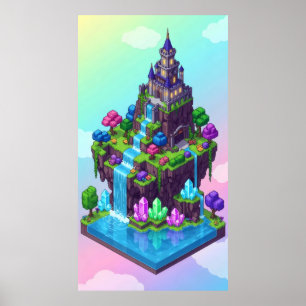 Poster Um castelo ilha sonhador com cachoeiras