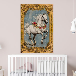 Poster Um cavalo branco adornado com uma guirlanda de flo
