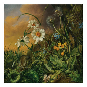 Póster Um chão de floresta com margaridas, primroses, ...