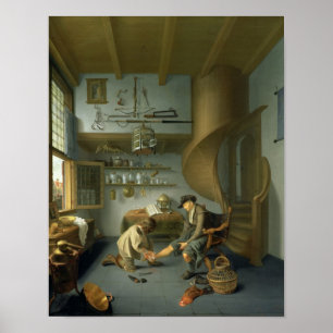 Póster Um cirurgião barbeiro cuidando do pé de um camponê