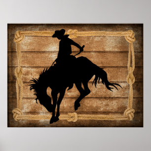 Poster Um cowboy de prata em um cavalo de bronco