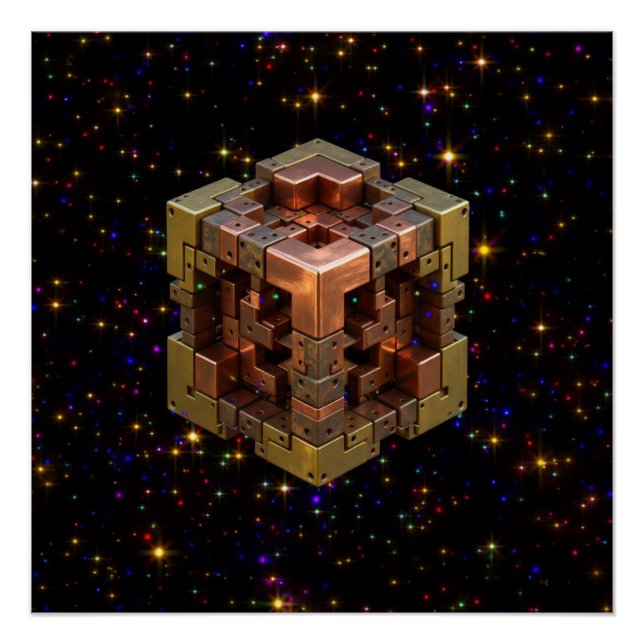 Póster Um Cubo Fractal Metálico Com Explosões de Estrelas (Frente)