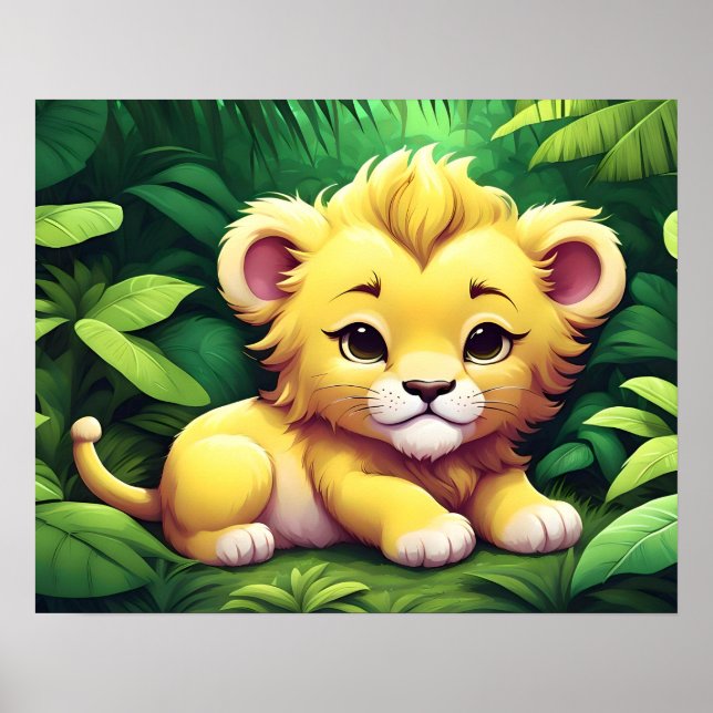 Poster Um Cubo Leão Amarelo na Selva (Frente)