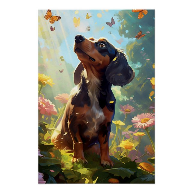 Póster Um Dachshund Curioso com Borboletas (Frente)