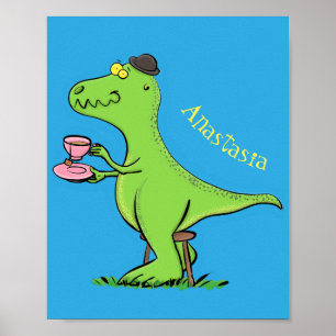 Poster Um desenho animado de dinossauros, verde e engraç