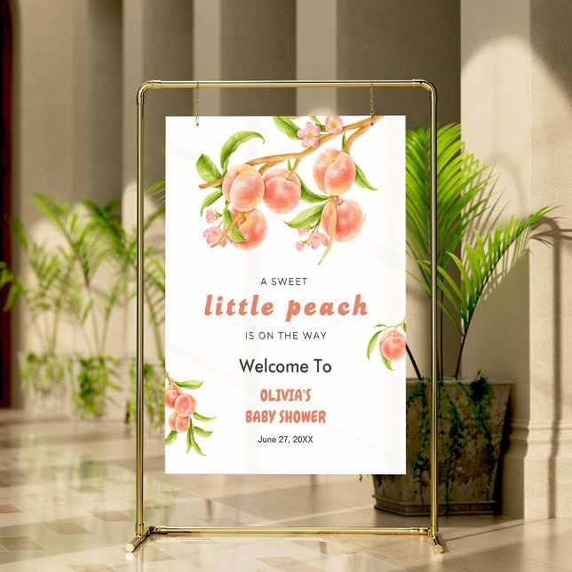 Poster Um doce Chá de fraldas de Fruta de pêssego bem-vin (A Sweet Little Peach is on the Way Fruit Baby Shower Welcome Sign  )