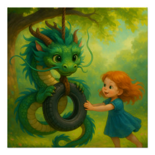 Póster Um Dragão Bebê Verde Asiático com Fantasia de Olho