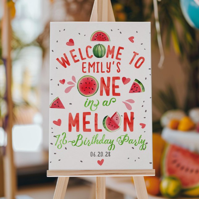 Póster Um em um melão, sinal de boas-vindas ao primeiro a (red one in a melon, girl summer 1st birthday welcome sign, birthday party decor.)