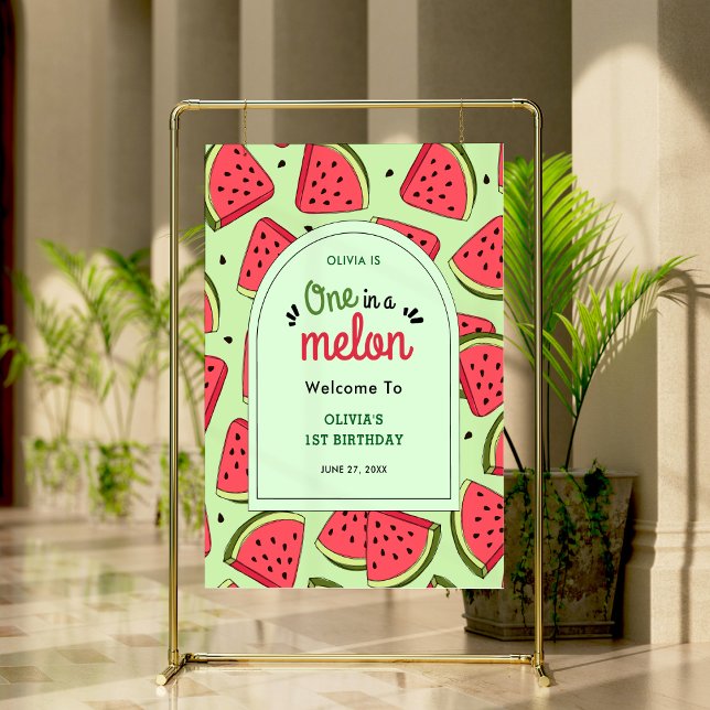 Poster Um em um primeiro aniversario Melon Summer bem-vin (One in a Melon Summer Watermelon 1st Birthday Welcome Sign   )