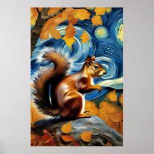 Poster um esquilo adorável em um cartão postal noturno es