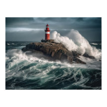Um farol rodeado por ondas