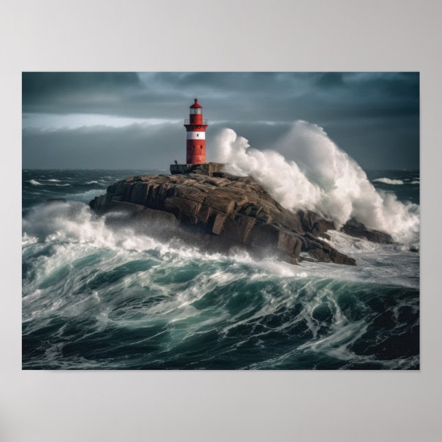 Poster Um farol rodeado por ondas (Frente)