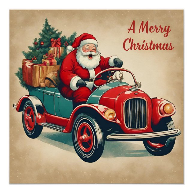 Póster Um Feliz Papai noel de Natal no Carro Vermelho (Frente)