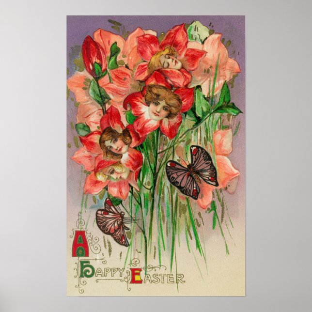 Póster Um Felz pascoa com Flores na Cabeça das Mulheres (Frente)