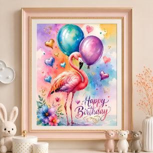 Poster Um flamingo fofo com balões coração aniversário