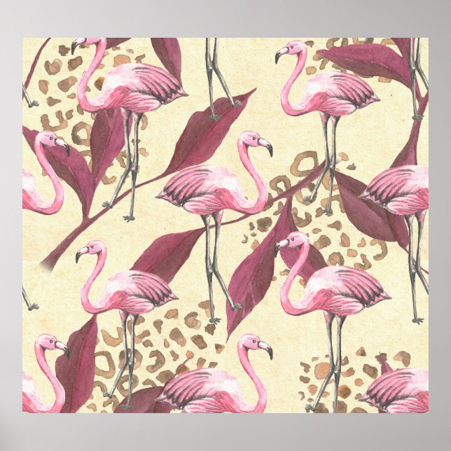 Poster Um flamingo rosa tropical, padrão-leopardo. (Frente)