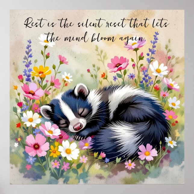 Poster Um Gambá Adorável Dormindo em Flores e Citação (Frente)