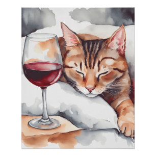 Póster Um Gato Adormecido E Copo De Vinho Tinto, Amante D