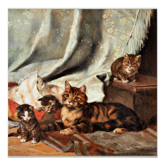 Póster Um Gato com Três Gatinhos, pintura de arte (Frente)