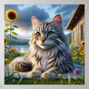 Poster Um gato de mesa descendo em um país tranquilo