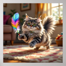 Um gato fofo bonito perseguindo uma pena