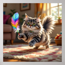 Poster Um gato fofo bonito perseguindo uma pena