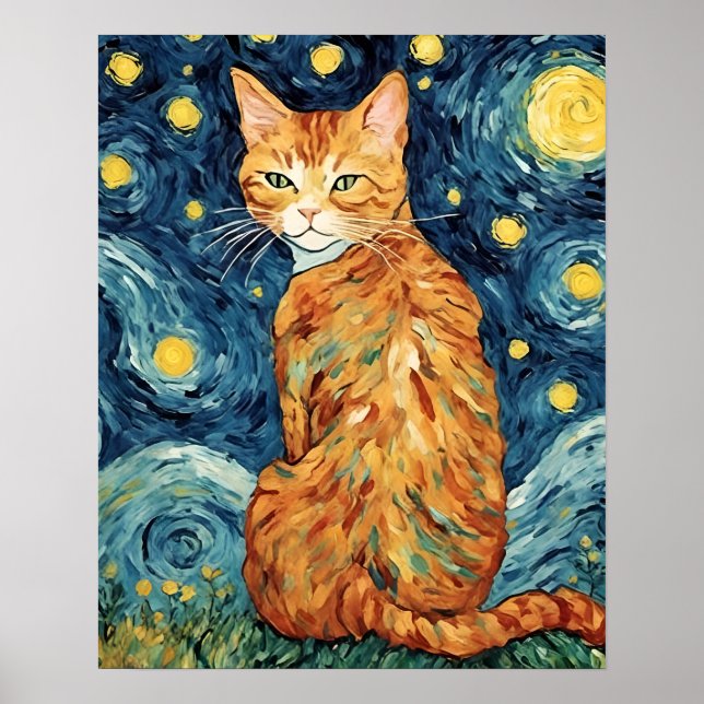 Poster Um Gato Ginger Tabby na Noite Estrelada (Frente)
