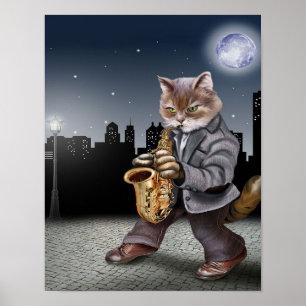 Poster Um Gato Na Noite Com Saxofones... Gpresente De Gat