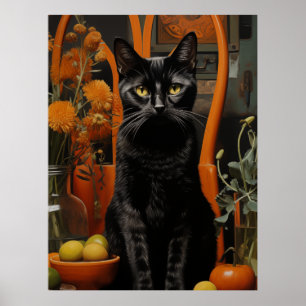 Poster Um Gato Negra Gordo numa Cadeira Laranja