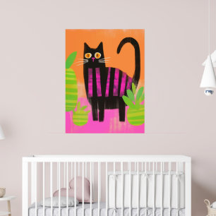 Poster Um Gato Preto Com Bandas Rosa e Plantas Domésticas