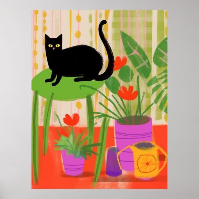 Poster Um Gato Preto Com Plantas Domésticas (Frente)