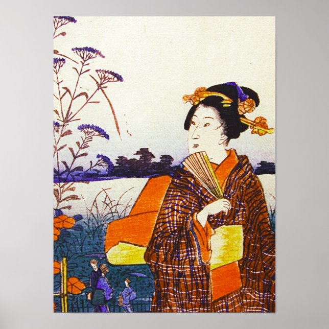 Poster Um Geisha pela Água Bloco de Madeira Japonês Ukiyo (Frente)