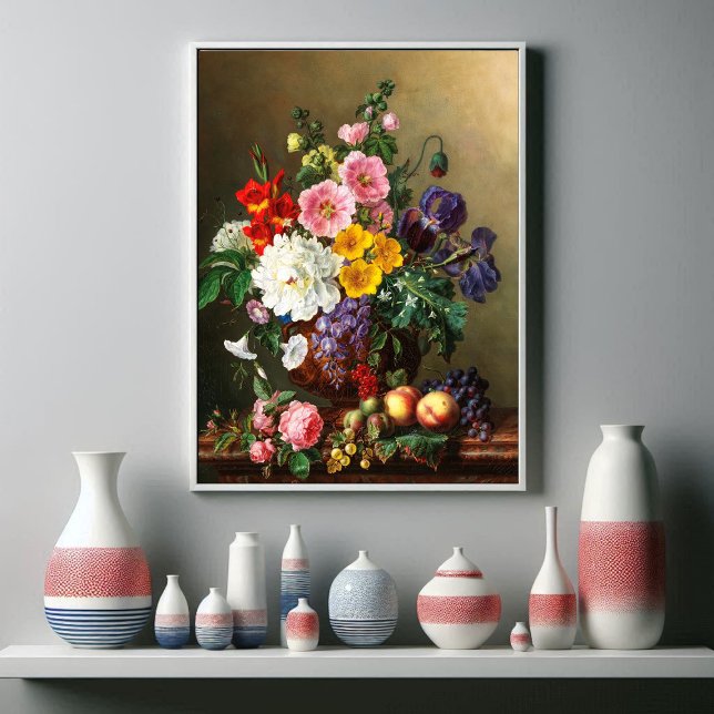 Poster Um Grande Buquê de Flores com Pêssegos e Uvas (Criador carregado)