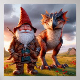 Poster Um Guerreiro Gnome posando com seu Dragão