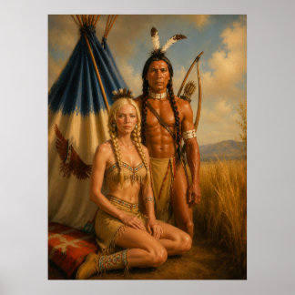 Poster Um guerreiro nativo americano e sua Squaw Loira AR