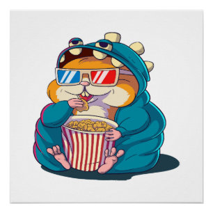 Póster Um hamster engraçado usando óculos come pipoca