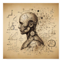 Um humanoide sobreposto a uma folha de dados