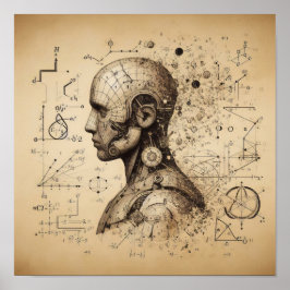 Poster Um humanoide sobreposto a uma folha de dados