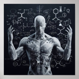 Poster Um humanoide sobreposto a uma folha de dados