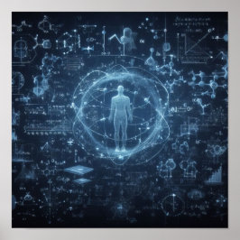 Poster Um humanoide sobreposto a uma folha de dados