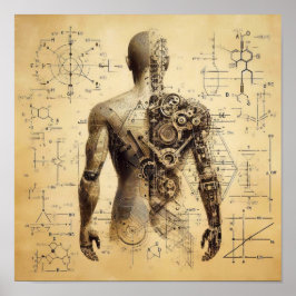 Poster Um humanoide sobreposto a uma folha de dados